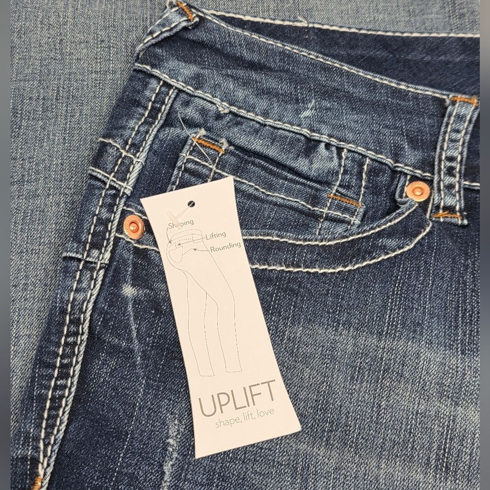 Vanity Uplift Orange Stitch Flare Blue Jeans 33x33 Mid-rise Women's NWT - Picture 13 of 15